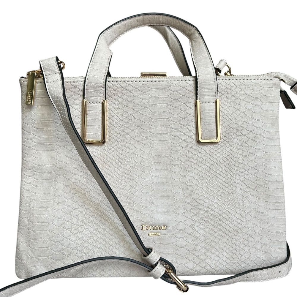 Dune London snakeskin-patterned top handle bag in Cream/Tan Color